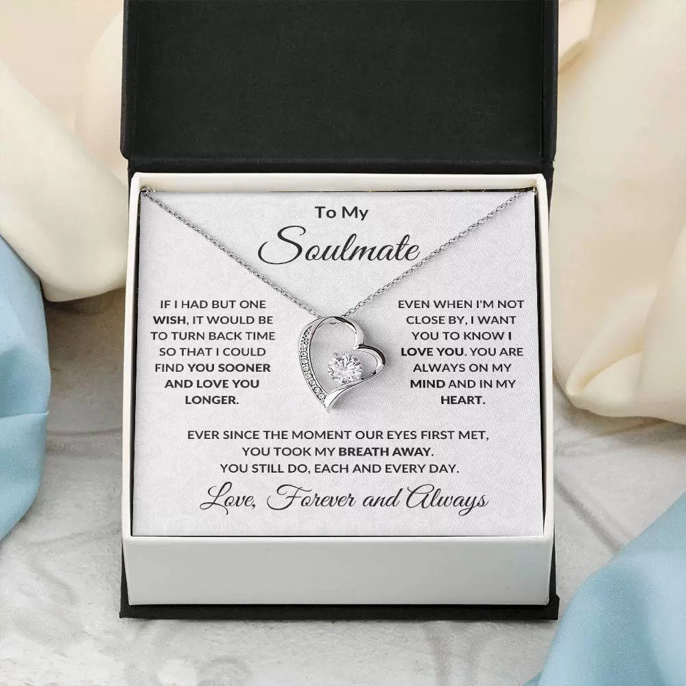 The Soulmate Heart silver necklace with 'To My Soulmate' message card in a classic gift box