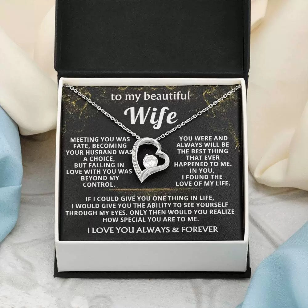 The Soulmate Heart silver necklace with 'To My Beautiful Wife' message card in a classic gift box