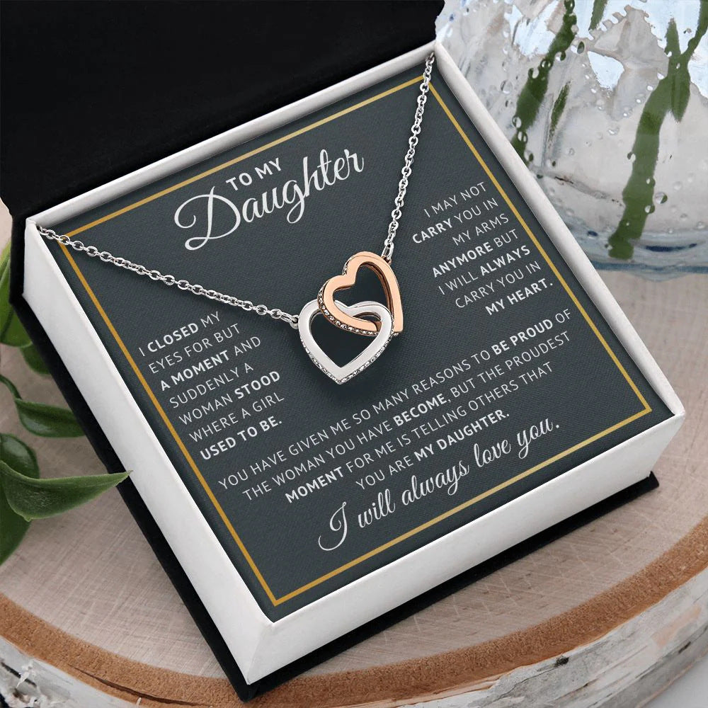 The Always Connected Hearts necklace with 'To My Daughter' message card in a classic gift box