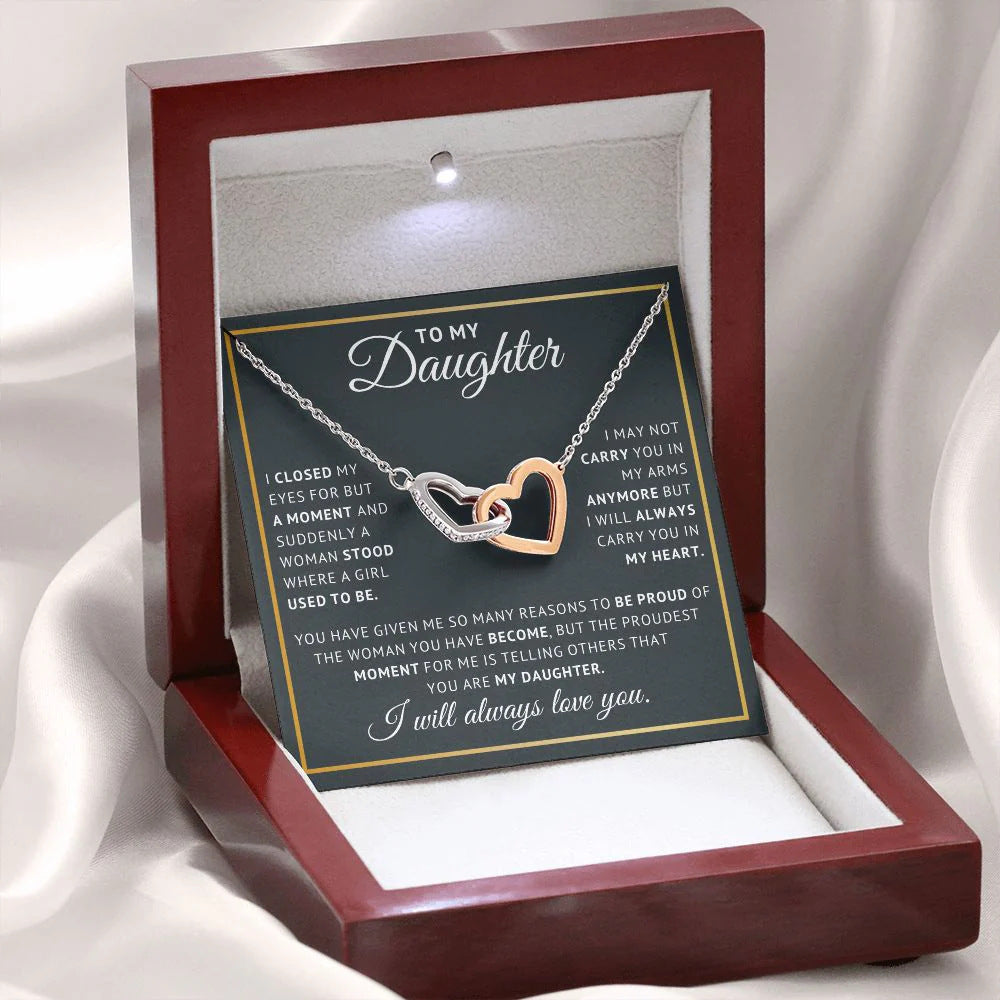 The Always Connected Hearts silver and rose gold necklace with 'To My Daughter' card in a luxury wood gift box