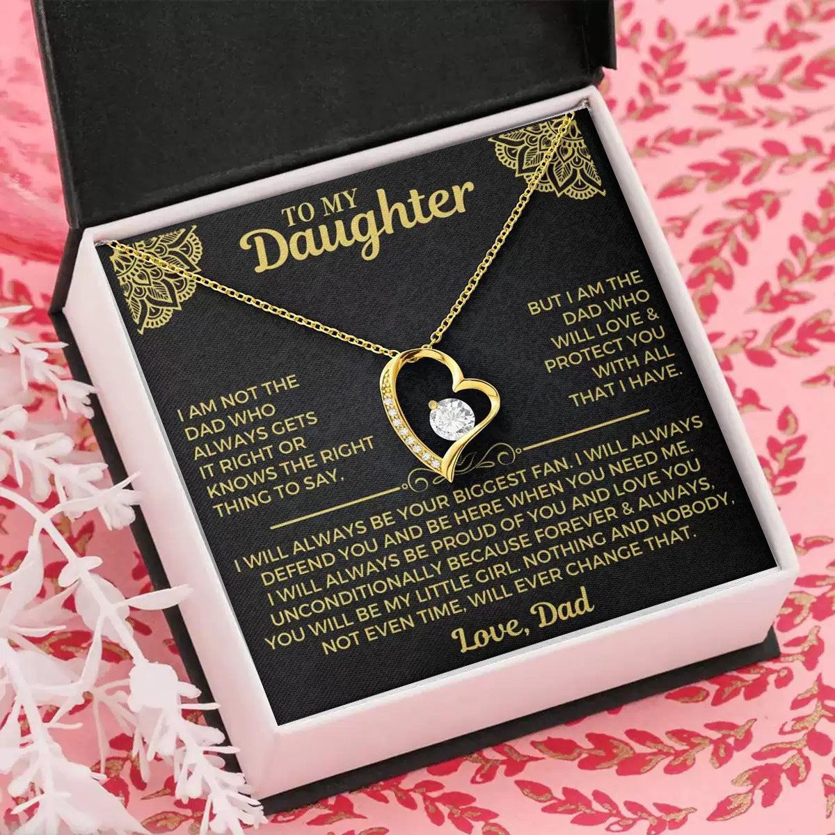 The Daddy's Girl Heart gold necklace with 'To My Daughter, Love Dad' message card in a classic gift box