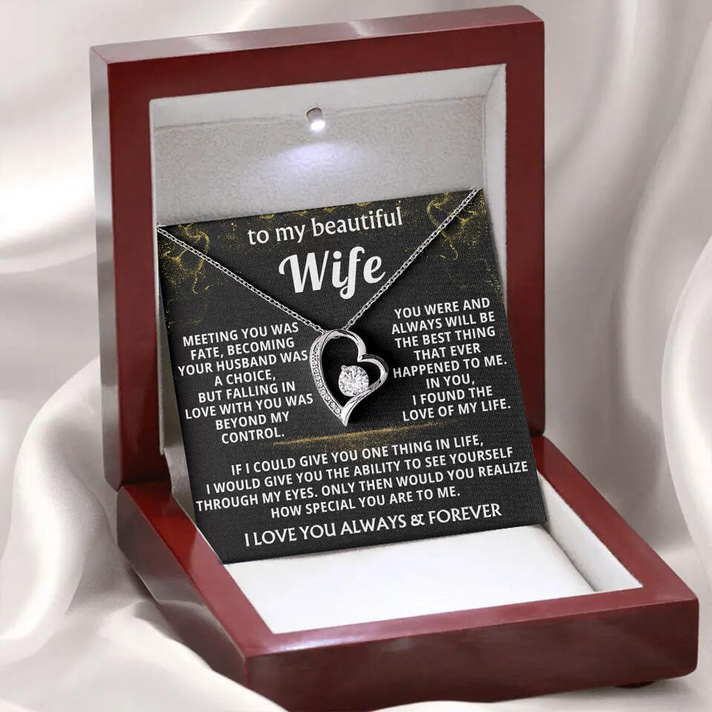 The Soulmate Heart silver necklace with 'To My Beautiful Wife' message card in a luxury LED wood gift box