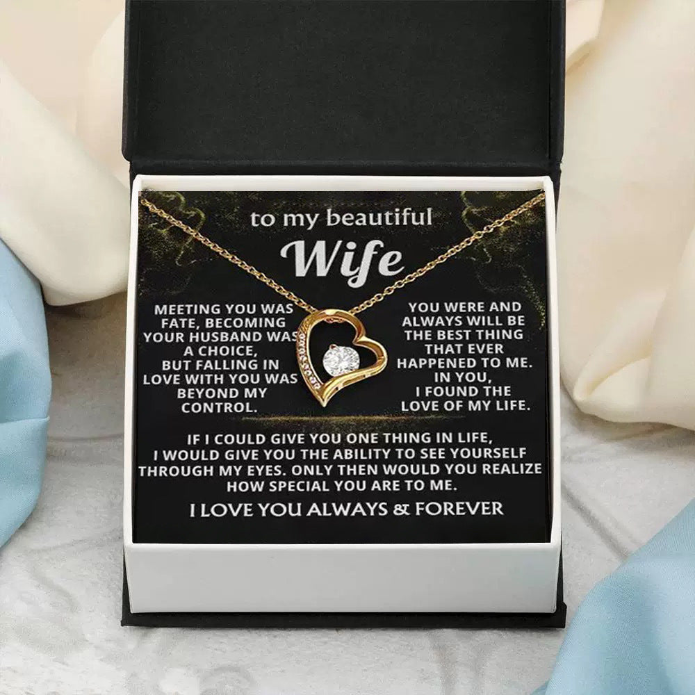 The Soulmate Heart gold necklace with 'To My Beautiful Wife' message card in a classic gift box