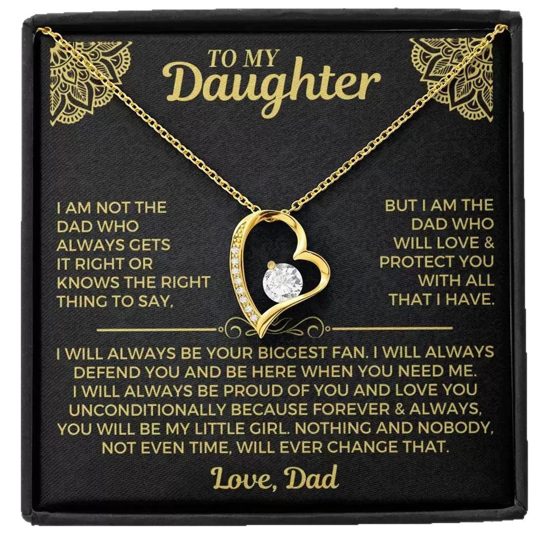 Close-up of the 'To My Daughter' message card from Dad with gold open heart necklace