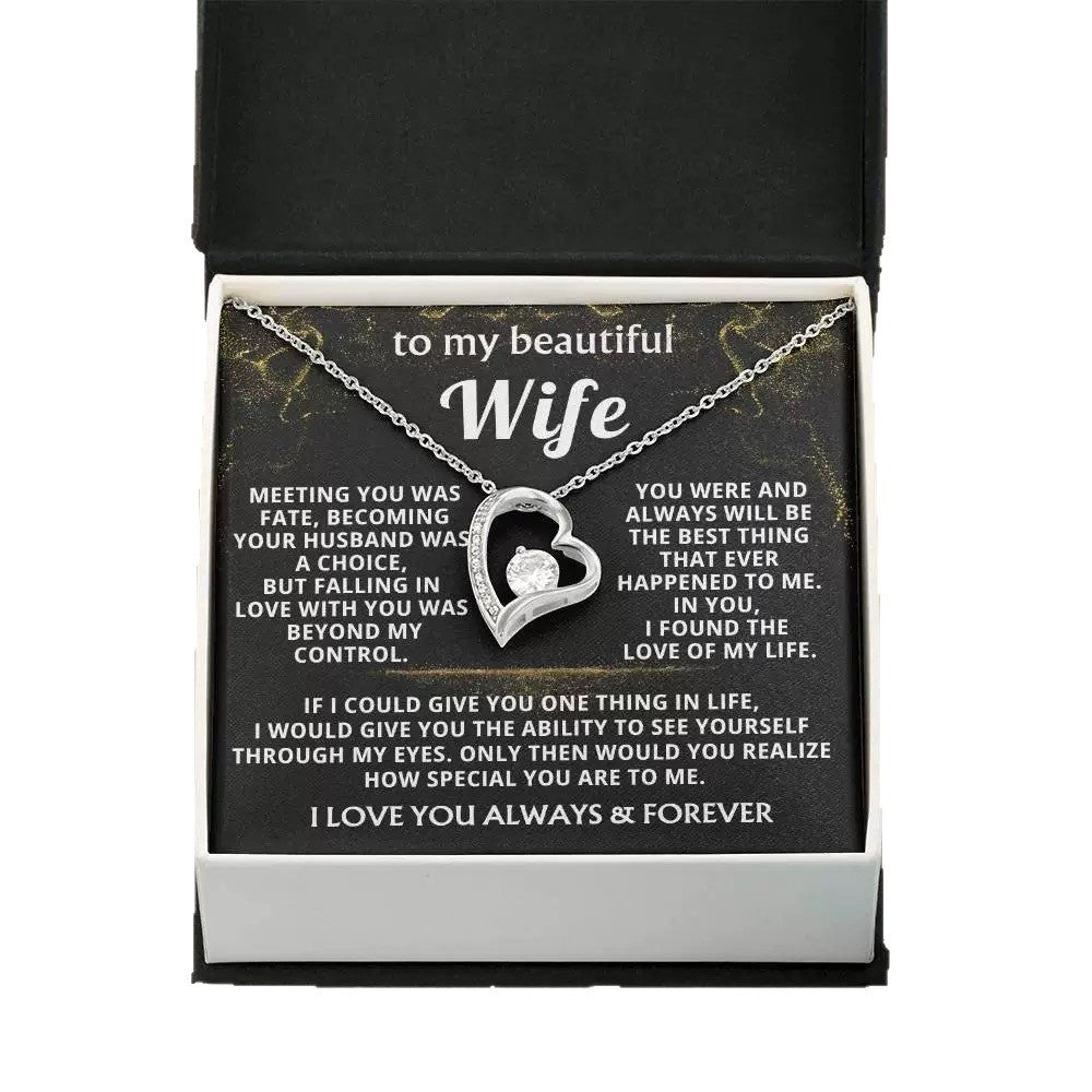 Silver open heart necklace on a 'To My Beautiful Wife' message card, a gift for wife