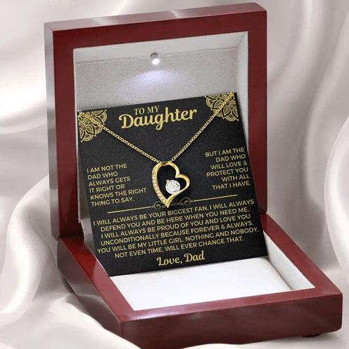 The Daddy's Girl Heart gold necklace with 'To My Daughter, Love Dad' message card in a luxury LED wood gift box