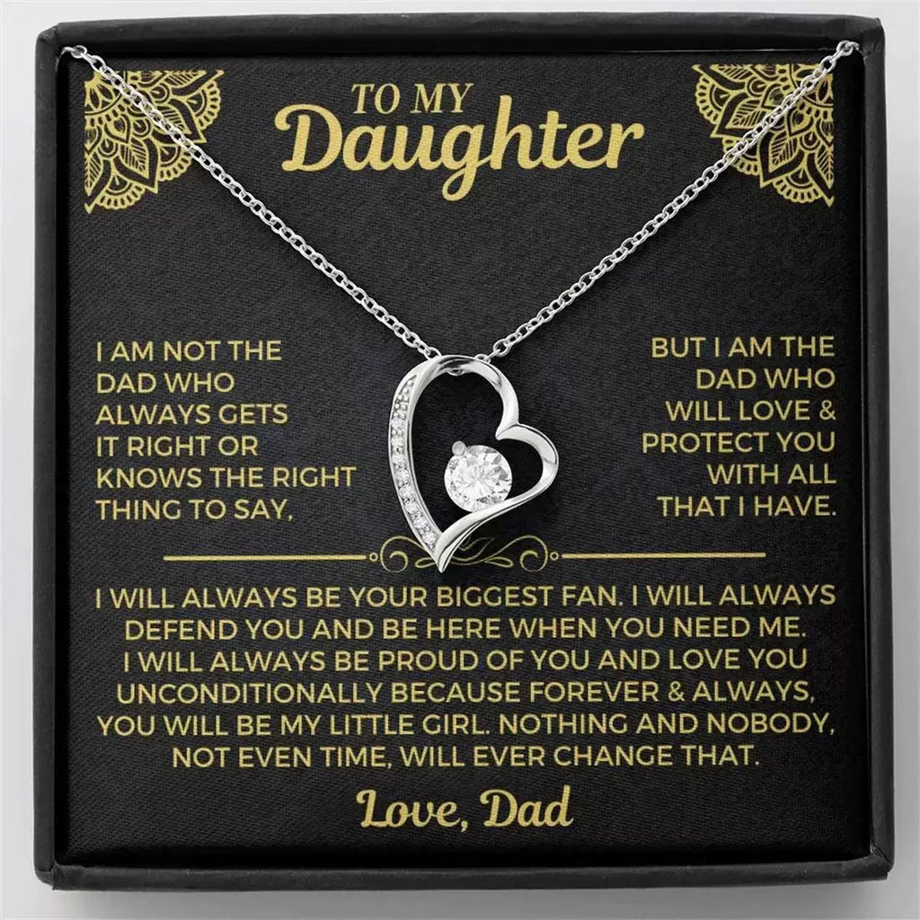 Silver heart necklace on a 'To My Daughter' message card from Dad, a gift for daughter