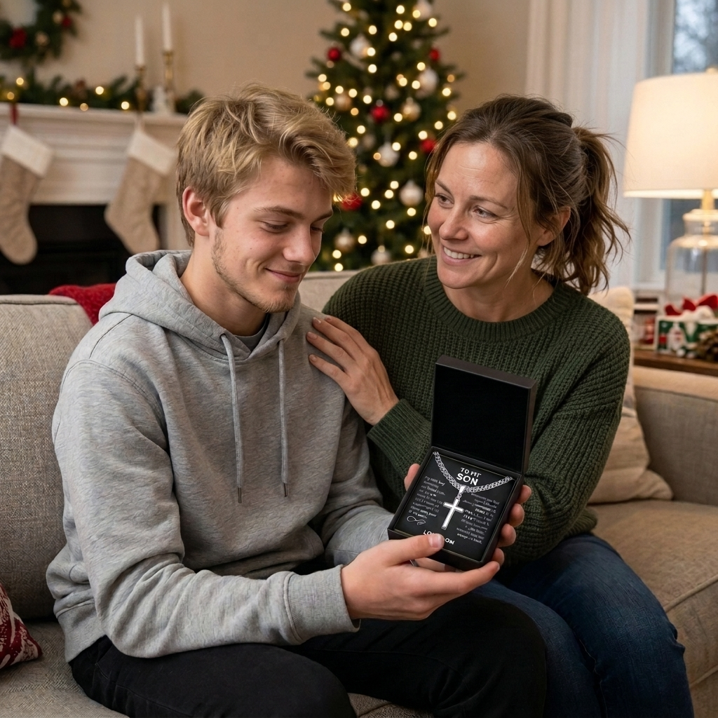 18-year-old son opening a To My Son cross necklace gift box from his proud mom at Christmas