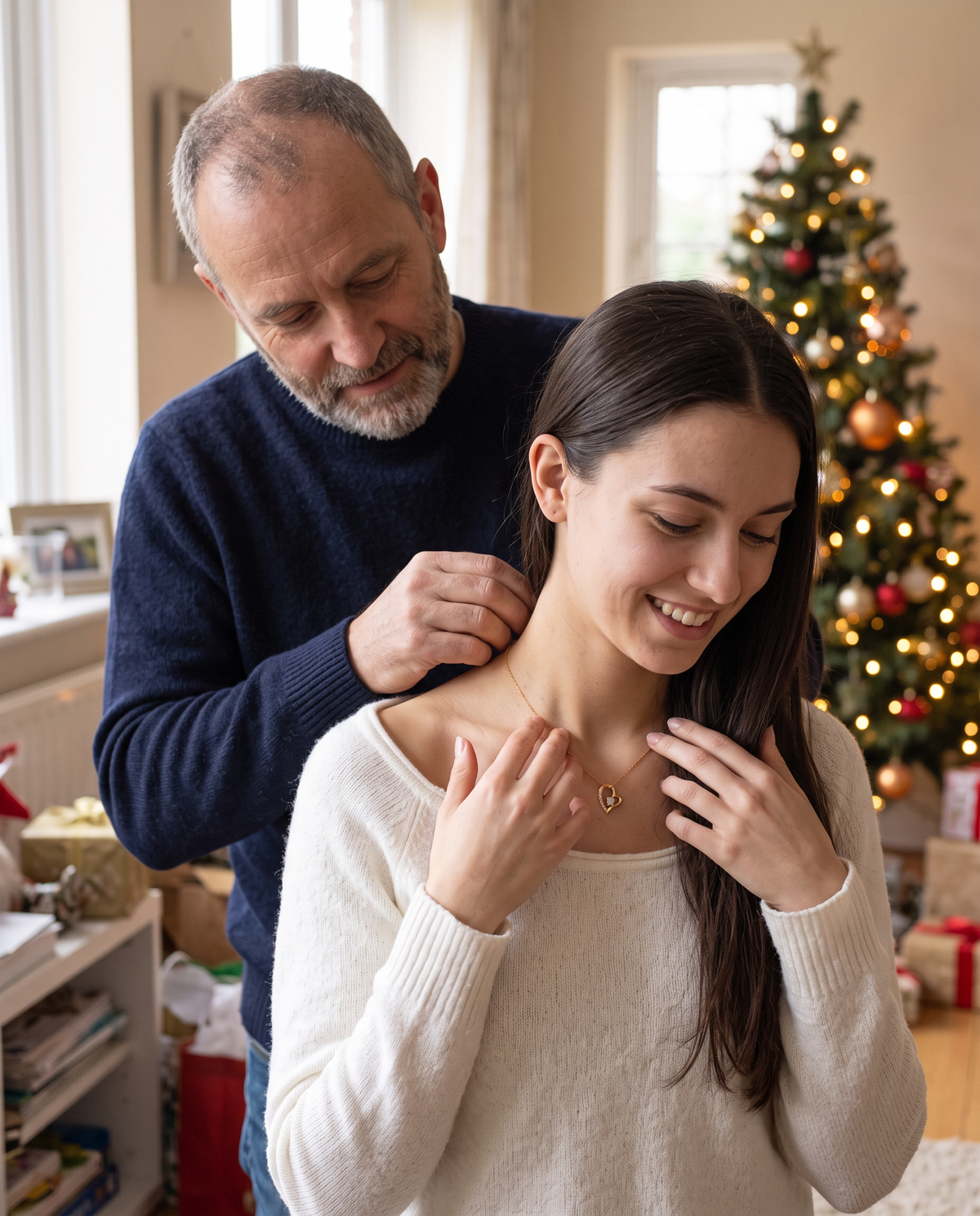 Dad fastening The Daddy's Girl Heart gold necklace on his smiling daughter on Christmas morning