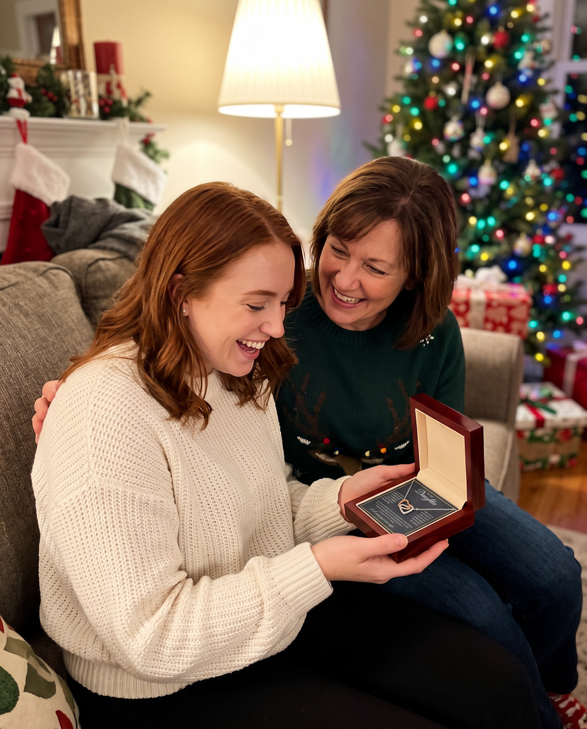 Mother and daughter laughing on Christmas Eve as the daughter opens The Always Connected Hearts necklace in a gift box