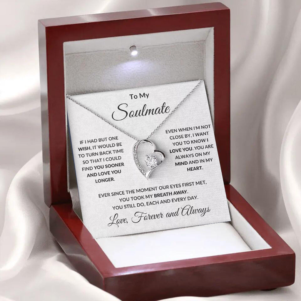 The Soulmate Heart silver necklace with 'To My Soulmate' message card in a luxury LED wood gift box