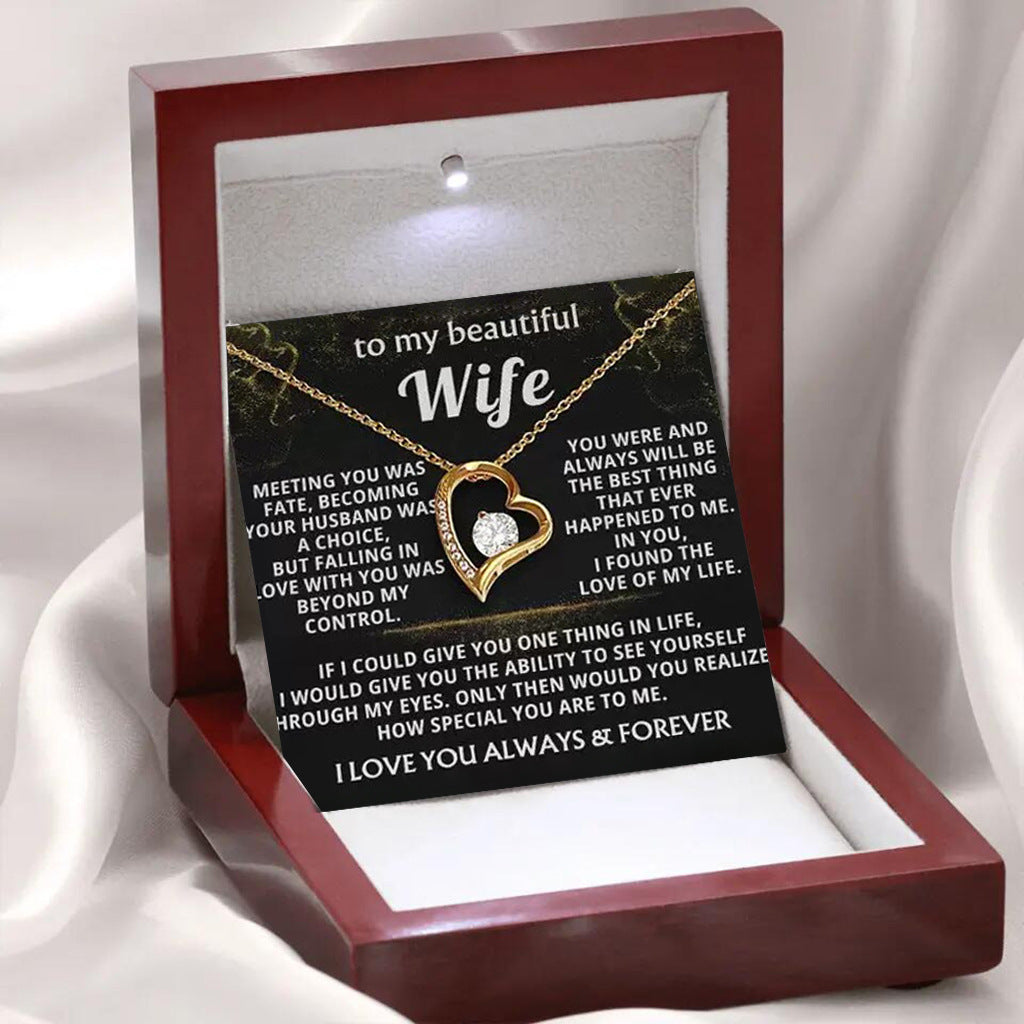 The Soulmate Heart gold necklace with 'To My Beautiful Wife' message card in a luxury LED wood gift box