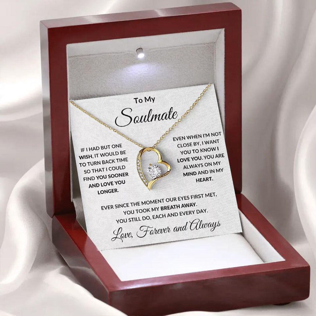 The Soulmate Heart gold necklace with 'To My Soulmate' message card in a luxury LED wood gift box