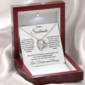 The Soulmate Heart gold necklace with 'To My Soulmate' message card in a luxury LED wood gift box