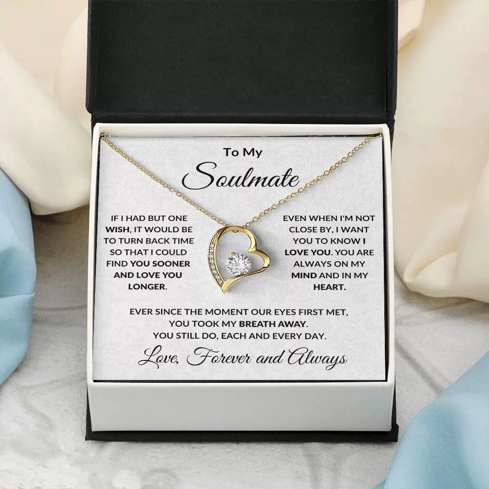 The Soulmate Heart gold necklace with 'To My Soulmate' message card in a classic gift box