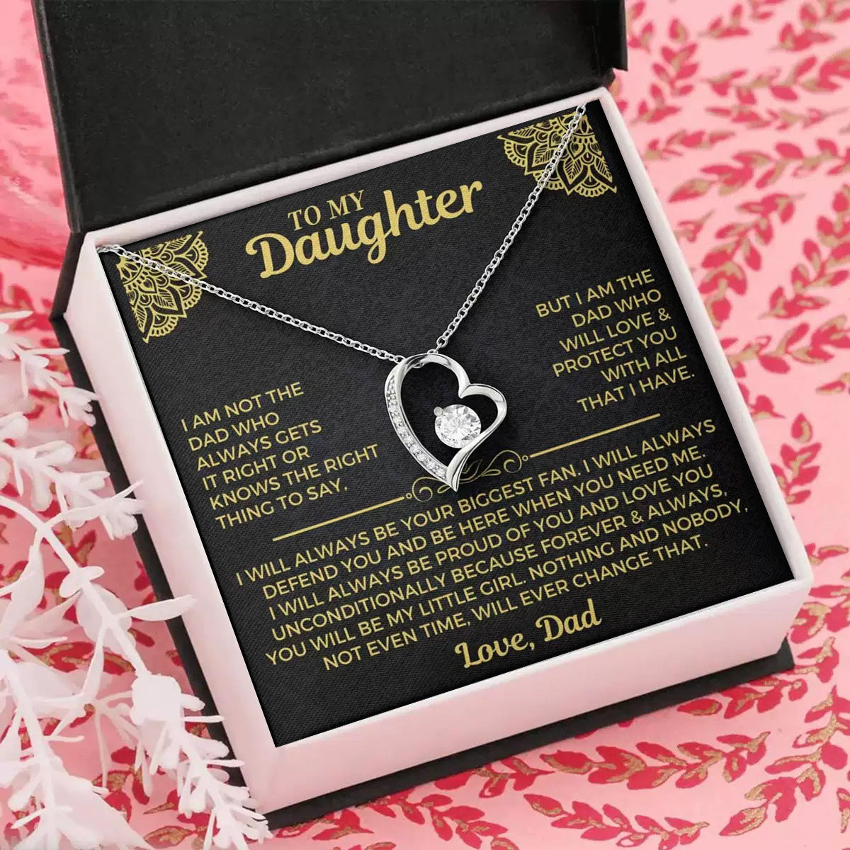 The Daddy's Girl Heart silver necklace with 'To My Daughter, Love Dad' message card in a classic gift box