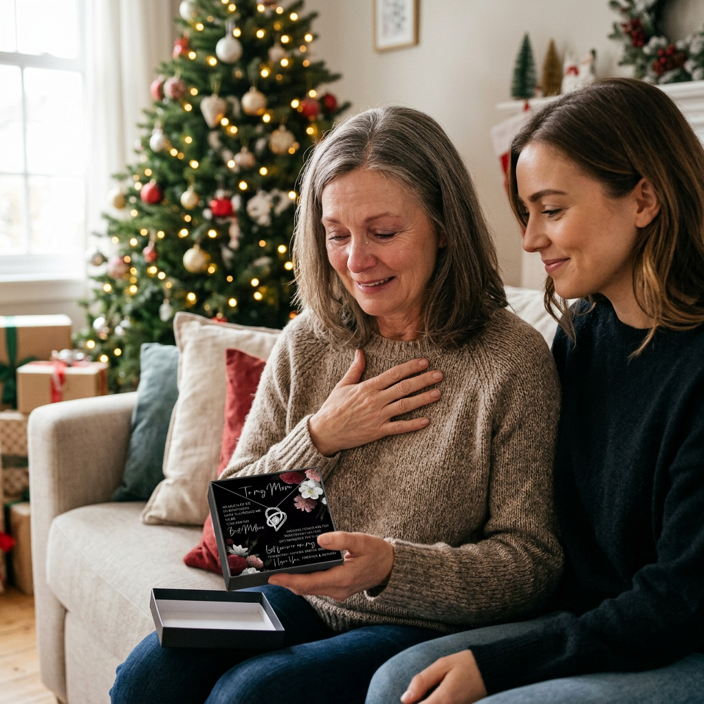 Mom opening The Grateful Heart necklace with To My Mom card on Christmas morning