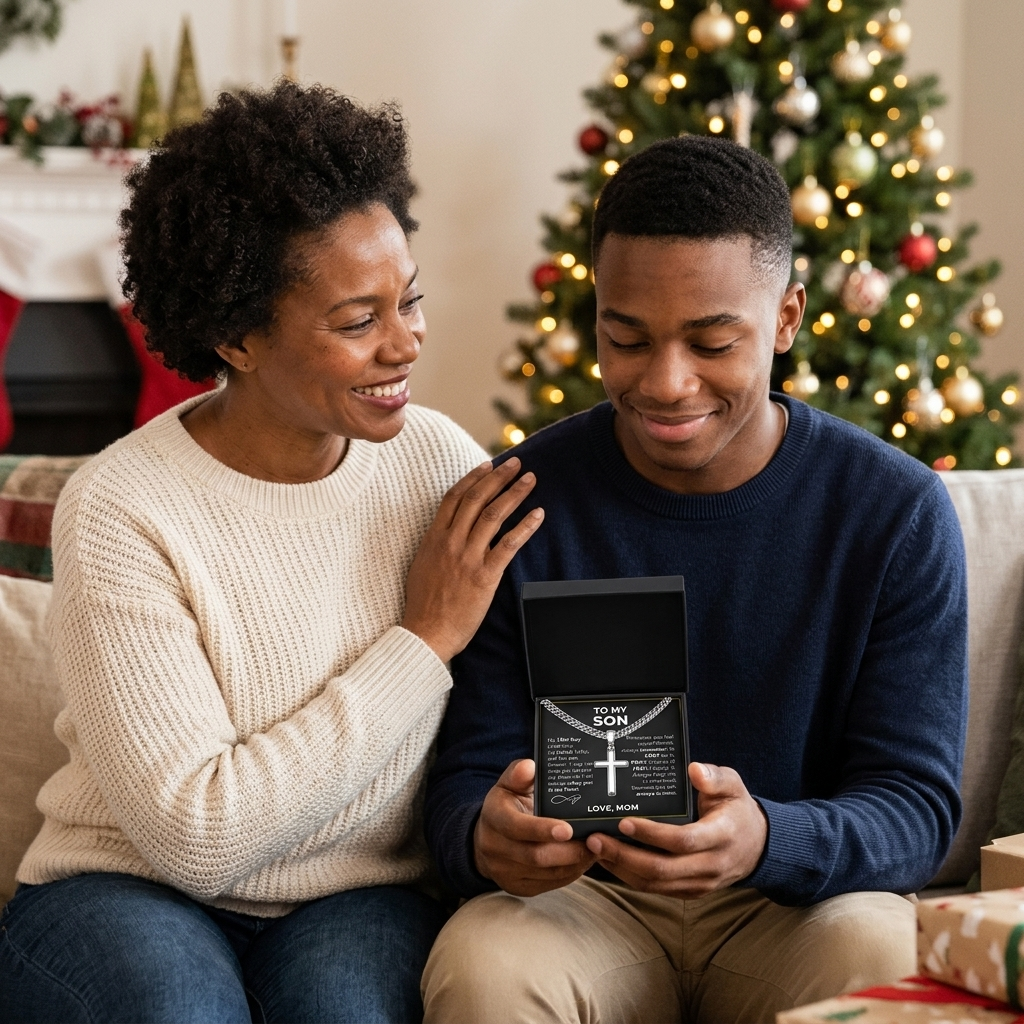 African American mother and her grown son opening a To My Son cross necklace gift box at Christmas